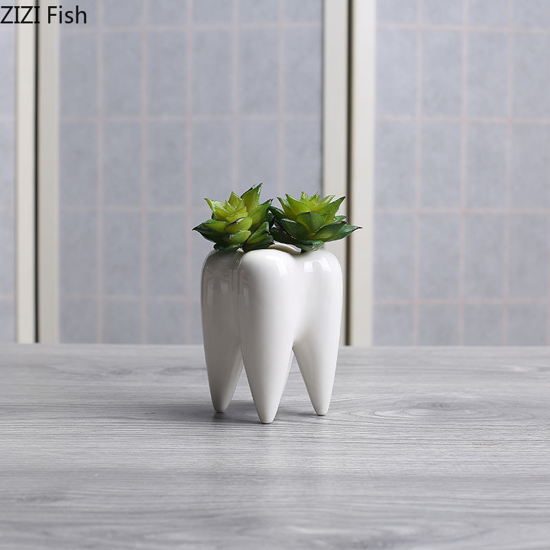 Desk Setup Plant - Tooth Shaped Ceramic Flower Pot Flower
