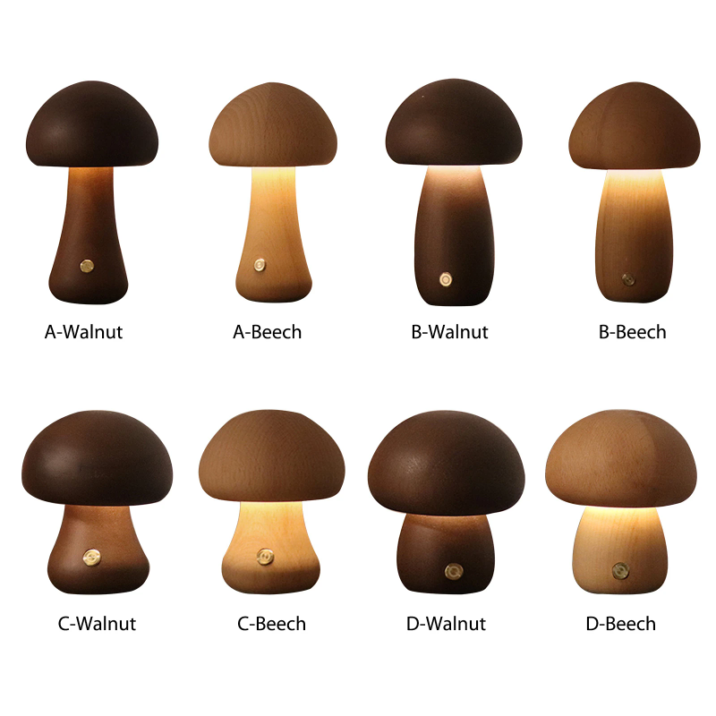 Desk Setup White - Cute Mushroom LED Night Light Wooden