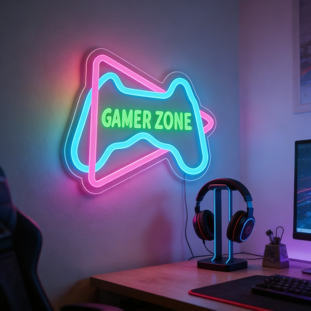 Desk Setup Blue - Gamer Zone Neon Sign USB Gifts