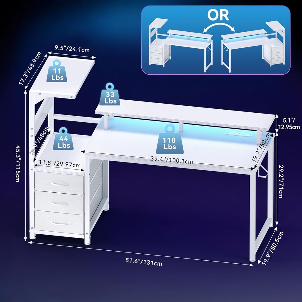 White 52 L-Shaped Gaming Desk  - Desk Setup White 리뷰 및 가격